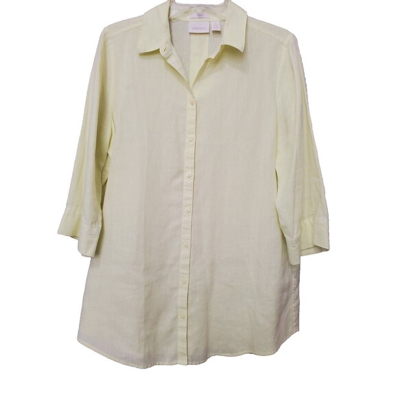 Chico's No-Iron Chartreuse Linen Loop-Back Button-Up Tunic Size 1 Medium - Picture 1 of 8